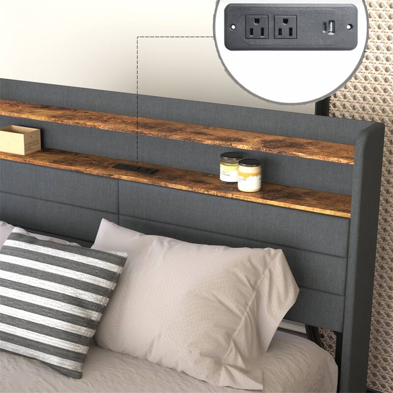 Full/Queen Size LED Upholstered Platform Bed w/ Drawers,Charging Station