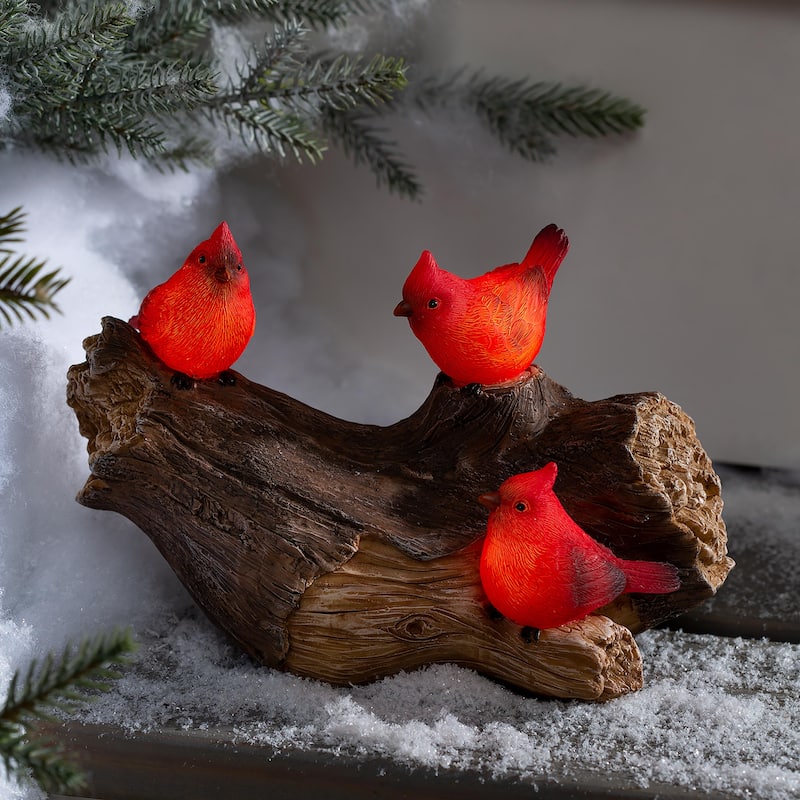 Solar Cardinal Family On Wooden Log Garden Statue