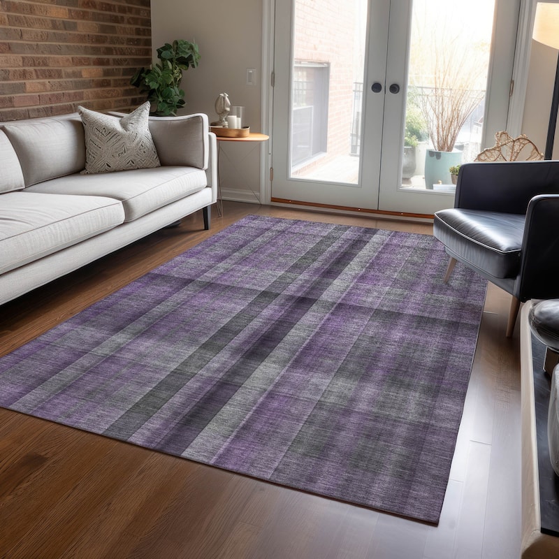 Machine Washable Indoor/ Outdoor Modern Plaid Chantille Rug - Purple - 3' x 5'