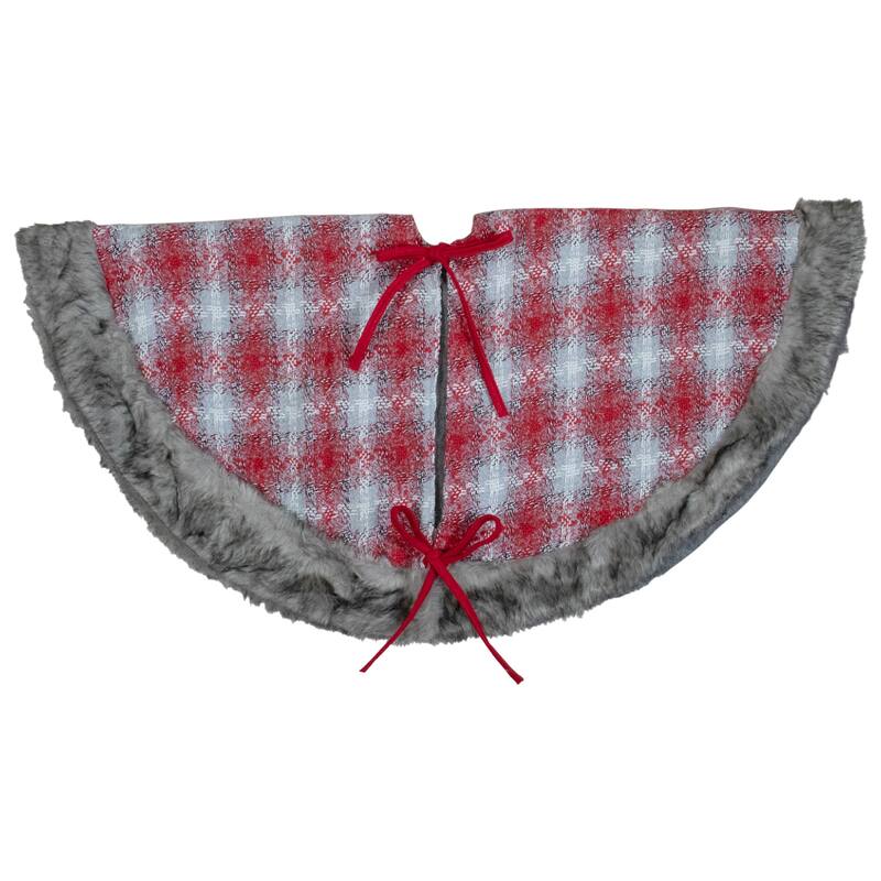 48" Red and White Plaid Christmas Tree Skirt with Snowflake - 48