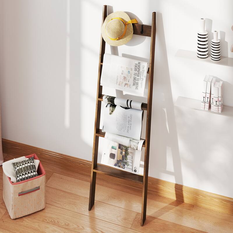 Brown Wicker Metal Ladder Bookshelf 5-Tier Towel Rack with Hooks and Anti-Tip Straps - 17" L x 3" W x 58.5" H