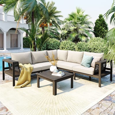 4-Piece L-Shaped Patio Furniture Set with Coffee Table, Outdoor Acacia Wood Sectional Sofa Set with Side Table and Cushions