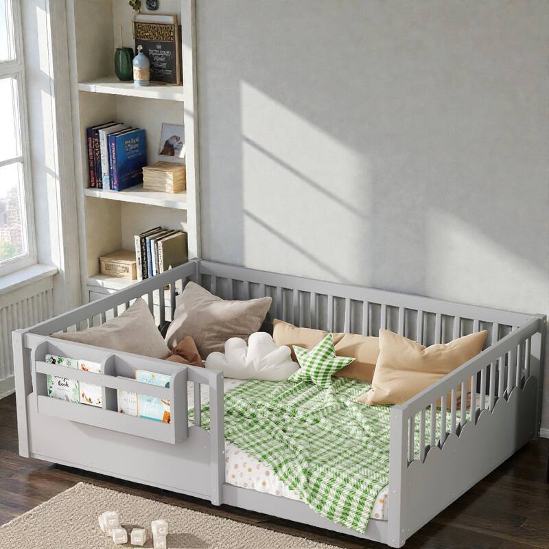 Twin Floor Bed with Heightened Fence and Bookshelf, Wooden Montessori Floor Bed for Kids, Low Profile Design