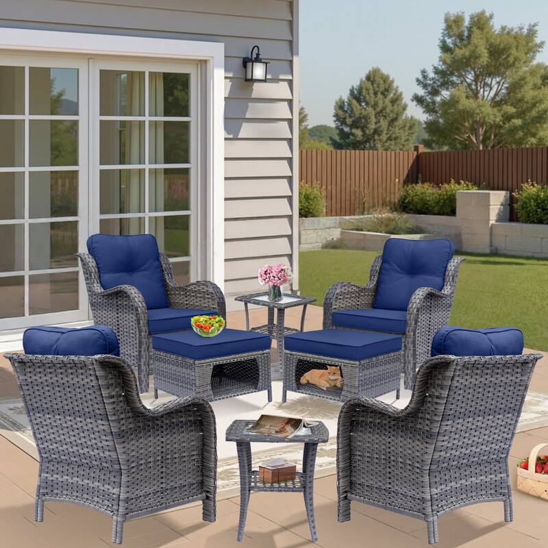 Outdoor Patio Furniture-Gray Wicker Armchair with Storage Ottoman Sets
