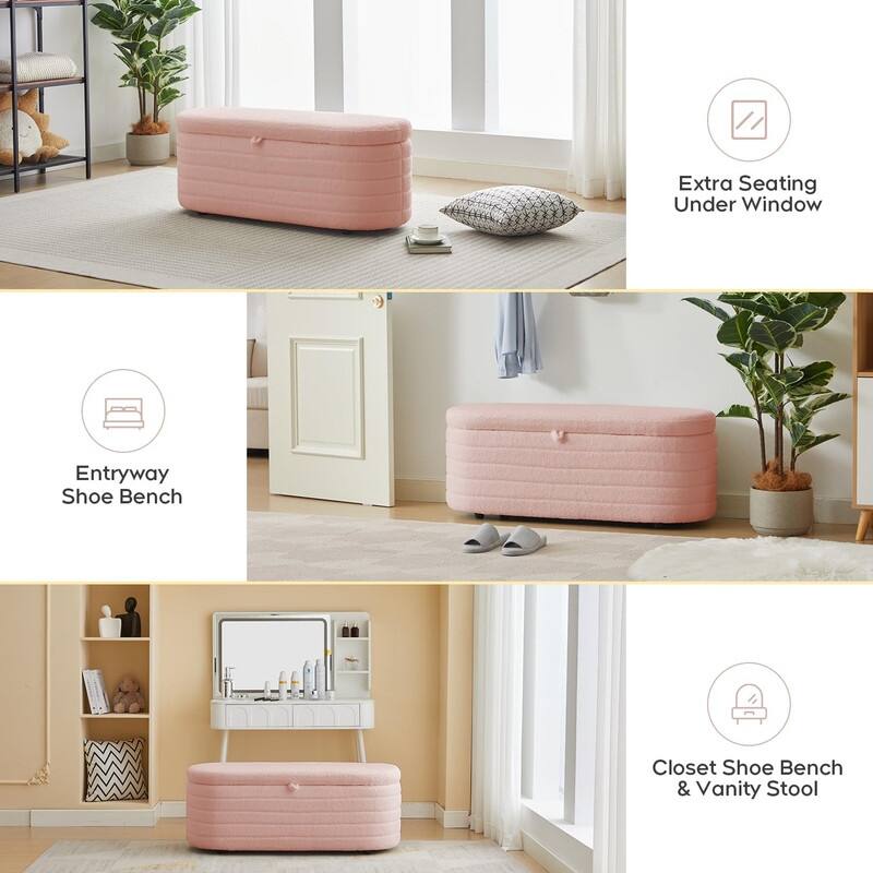 45" White Teddy Storage Ottoman Bench for Living Room Bedroom,Oval Sherpa Storage Bench Ottoman Foot Rest Anti-slip Legs