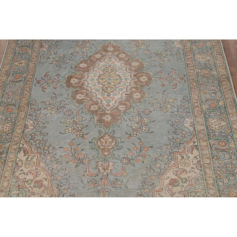 Hand Knotted Oriental 100% Wool Carpet Traditional Floral Navy Blue & Blues Tabriz Area Rug - 8' 11'' X 5' 8''