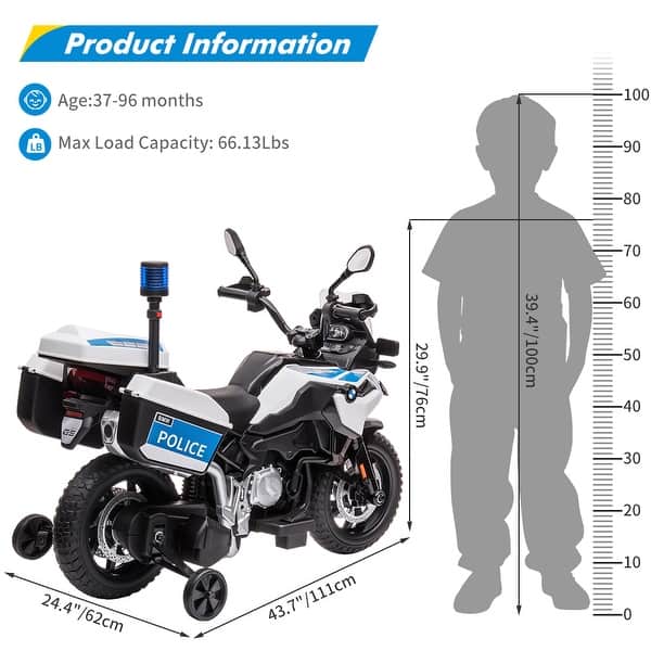 Ride On Police Motorcycle, 12V 7Ah Licensed BMW Car for Tollders