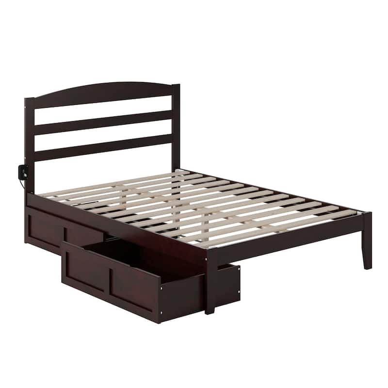 Full Espresso Wood Platform Bed with Two Storage Drawers and Turbo Charger for Convenient Bedroom Storage