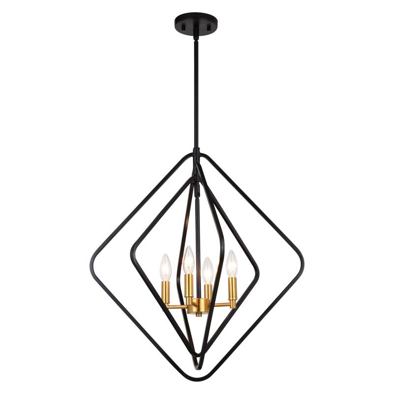 Brady 4 Light Black and Satin Brass Contemporary Geometric Cage Pendant Light - 22-in W x 24.25-in H x 22-in D