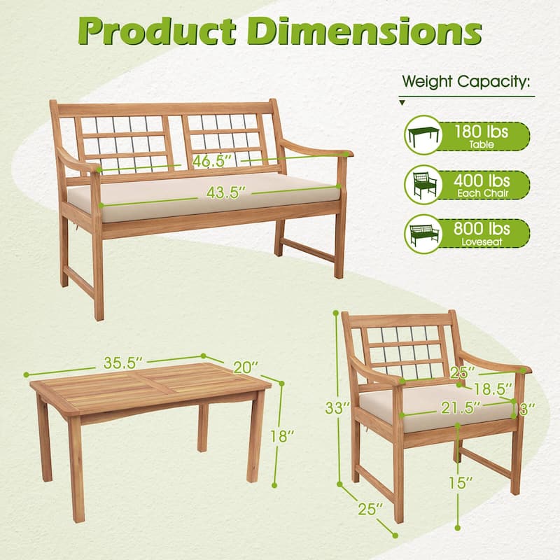 Gymax Set of 4 Wood Furniture Set w/ Seat Cushions & Solid Acacia Wood