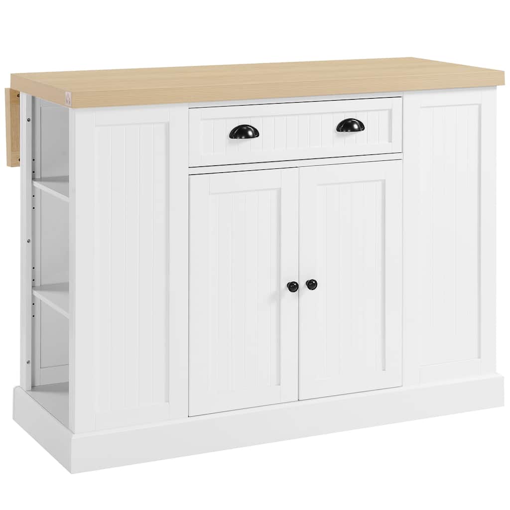 47" Fluted-Style Wooden Kitchen Island, Kitchen Countertop Storage Cabinet with Drop Leaf, Drawer, Open Shelves, Storage, White