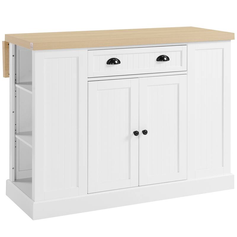 HOMCOM 47" Wooden Kitchen Island, Kitchen Countertop Storage Cabinet with Drop Leaf, Drawer, Open Shelves, Storage, White - White - Stationary - Wood