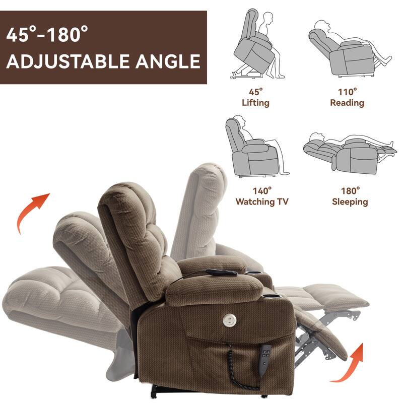 Chenille Power Lift Recliner Chair with 2 Cup Holders, Dual Motor Infinite Position Recliner Sofa with Massage & Heating
