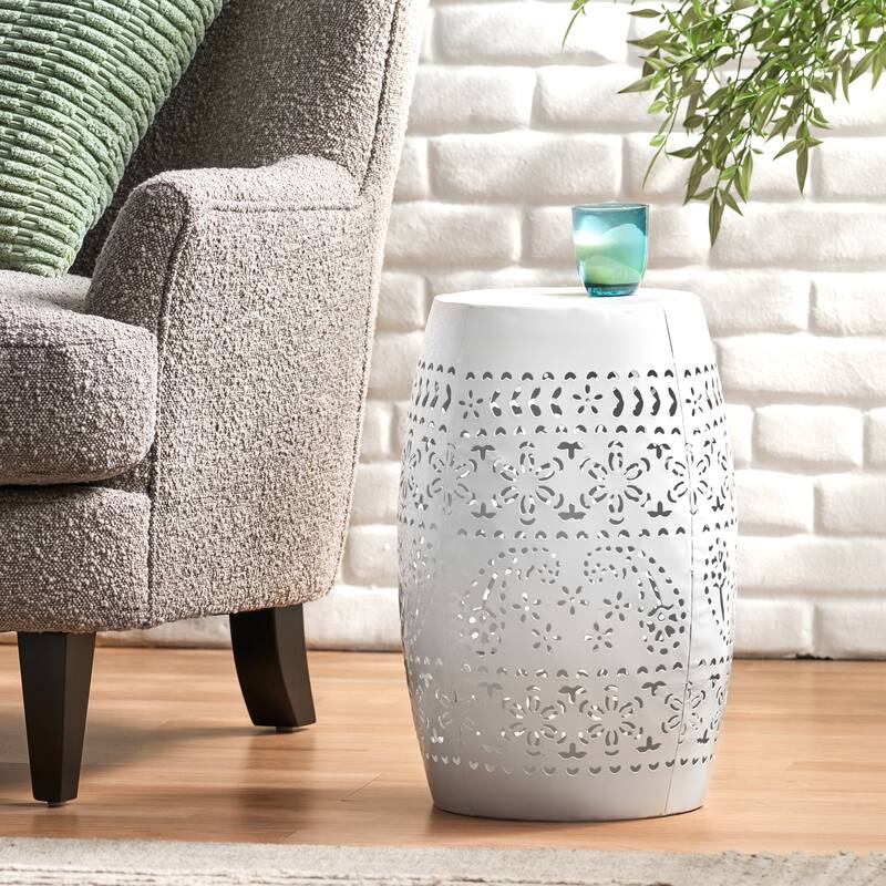 Roomfitters Modern Lace Cut Metal Side Table, Barrel Shape Outdoor Accent Table for Patio and Garden