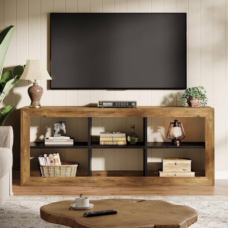 6 Cube Storage BookShelf, 63" Long Horizontal Low Modern Console Book Case, Floor Standing Wooden Cubby Bookcase