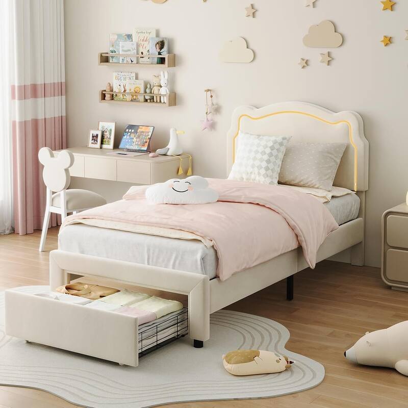 Twin Size Upholstered LED Velvet Platform Bed Frame with Bear-Shaped Headboard, Storage Drawer - Beige