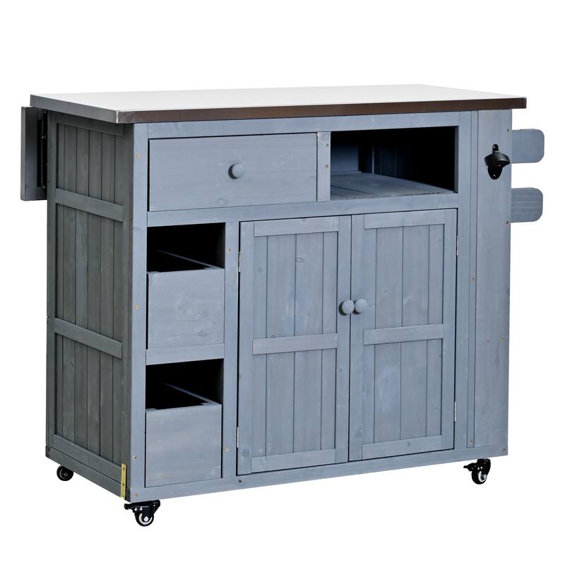 Extendable 41.9" Outdoor Kitchen Island with Stainless Steel Top and Side Spice Rack, Kitchen Cart with Drawers, Storage Cabinet
