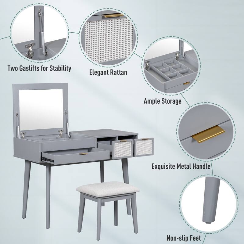 43.3" Classic Wood Makeup Vanity Set with Flip-top Mirror and Stool