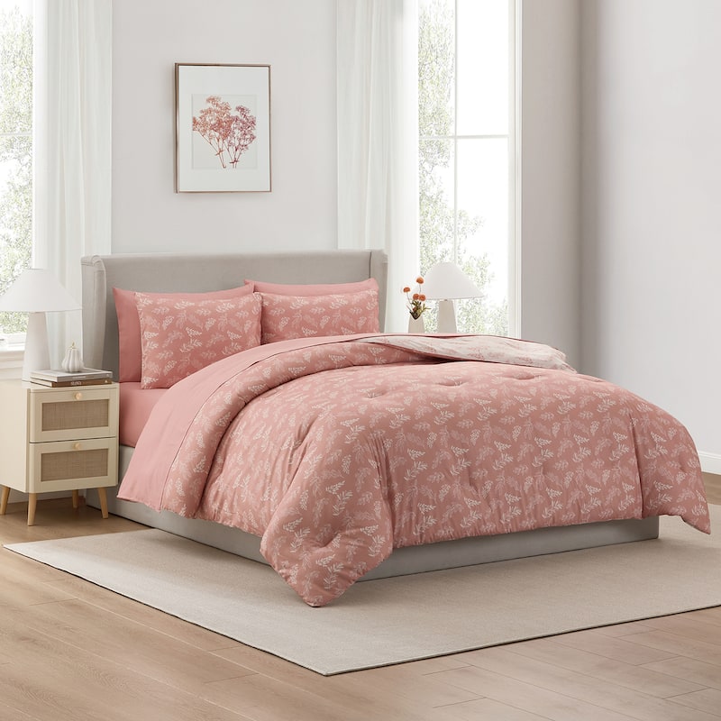 Empyrean 7 Pc Botanical Comforter Set with Sheets, Soft Breathable Lightweight Bedding Bag - Bali Blush/Porcelain Glow - Full