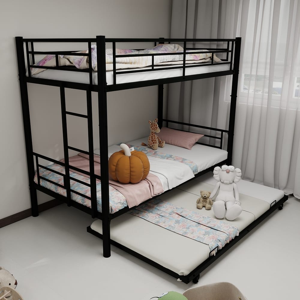 Roomfitters Heavy-duty Sturdy Metal Twin over Twin Bunk Bed with Trundle, Noise Reduced, Safety Guardrail, No Box Spring Needed