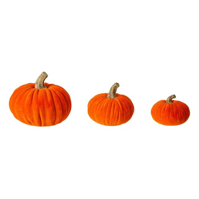 Glitzhome Set of 3 Orange Velvet/Resin Decorative Pumpkins - Orange