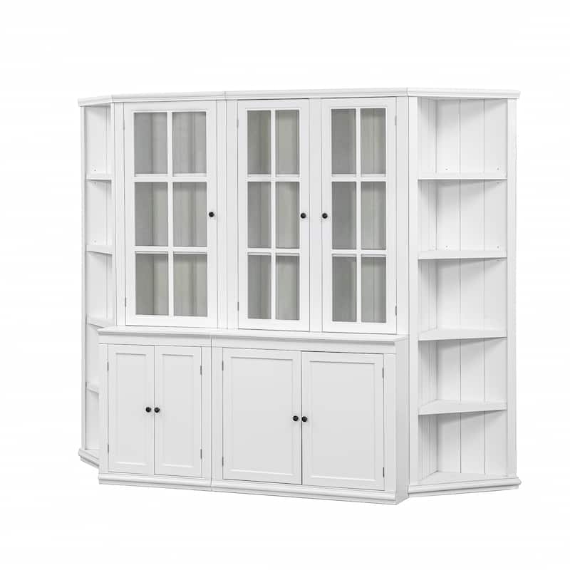Roomfitters 75.25'' Display Cabinet with Glass Doors and Two Triangle Bookshelves, Retro Wall Storage Unit for Living Room