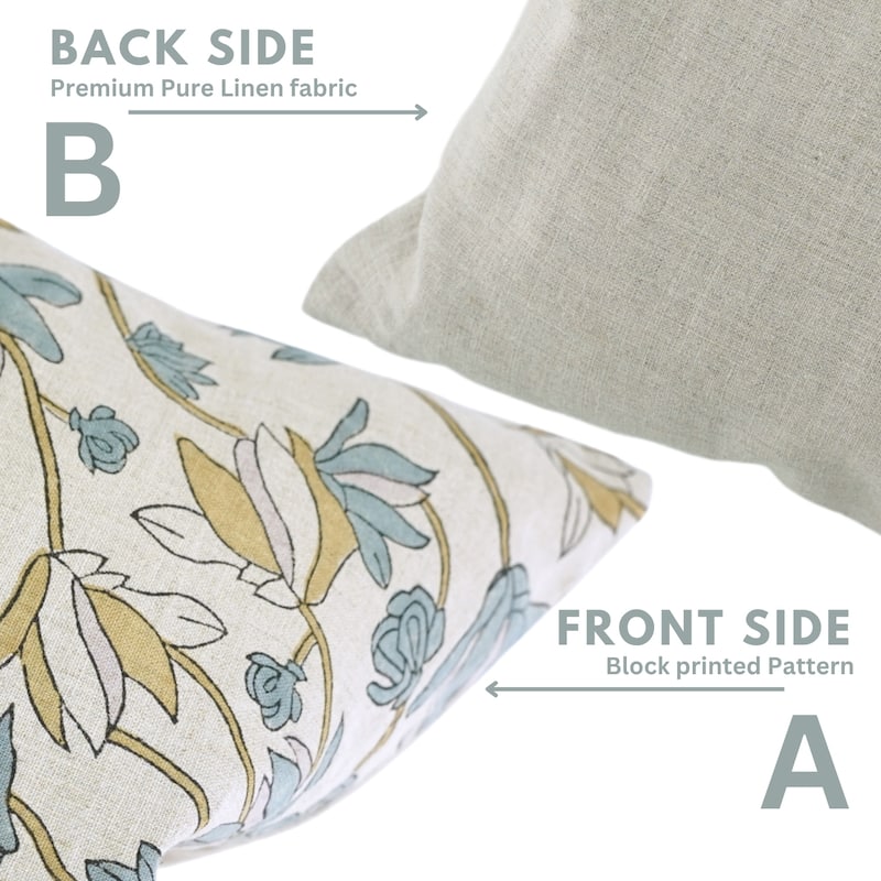Fabdivine Eco Block Print Floral Cushion Cover for Living Room or Chair, Rustic Soft Linen Pillowcase 26x26 Inch, Shivri