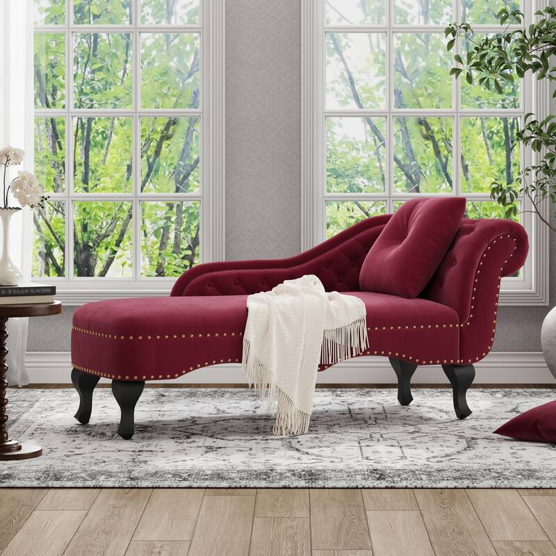 Christopher Knight Home - Bressi Modern Velvet Upholstered Chaise Lounge with Tufted Backrest, Nailhead Trim & Pillow