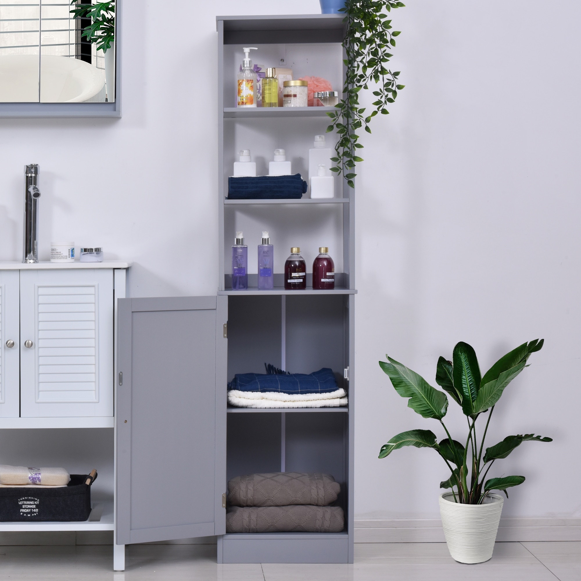 Bathroom Linen Tower Cabinet Elements 1 Door 5 Shelves Acacia Gray