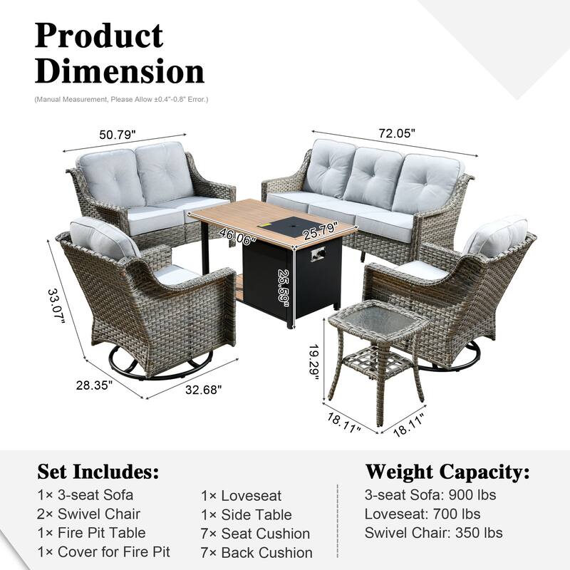 XIZZI 6-piece Outdoor High-back Furniture Swivel Chair Set with Fire Pit