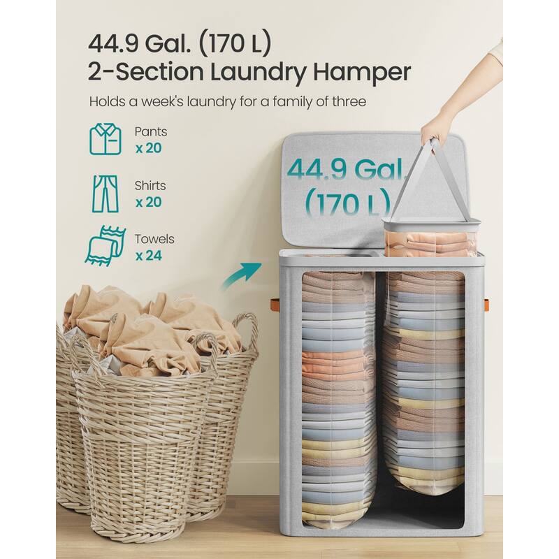 44.9 Gallon 2-Section Laundry Hamper with Lid Dove Gray, Water-Repellent Polyester - 22"L x 15.7"W x 29.5"H