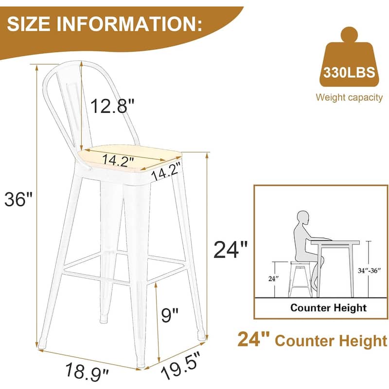 Counter Stools with Metal Frame Counter Height Bar stools with High Back 24" Kitchen Bar Furniture Stools with Wooden Seat