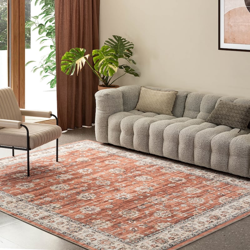 Glitzhome Traditional Distressed Floral Boho Printed Oriental Area Rugs