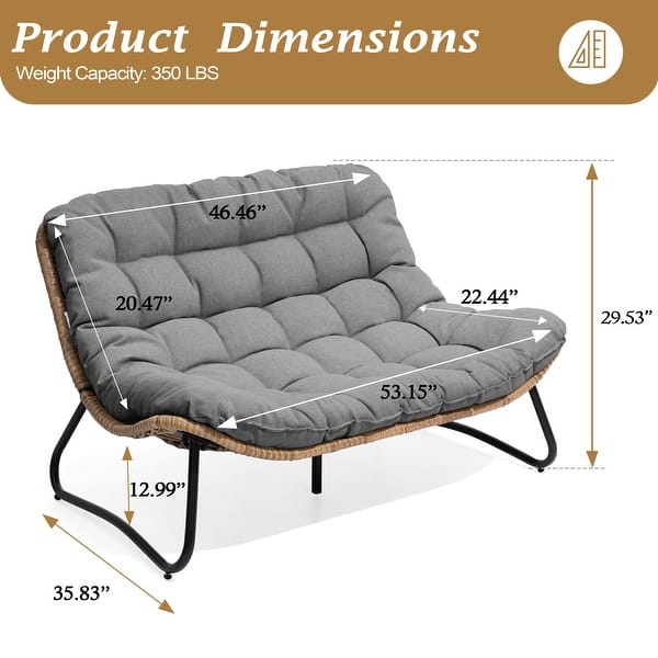 dimension image slide 3 of 4, All-Weather PE Rattan Double Papasan Chair Loveseat with Soft Cushion for Indoor Outdoor
