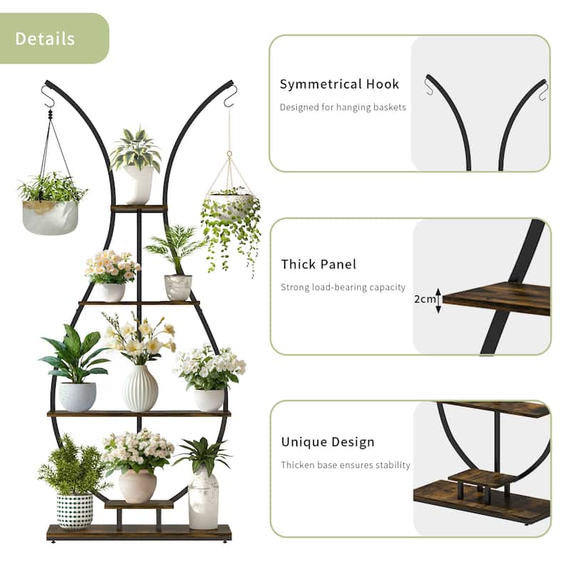 5 Tier Tall Plant Stand Vase-Shape Metal Plant Shelf with Hanging Hook - 30"L x 12" W x 72" H