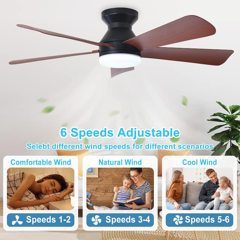 42/35 Inch Low Profile Ceiling Fan with Light: Dimmable, Remote Control, 6-Speed, 5 Blades
