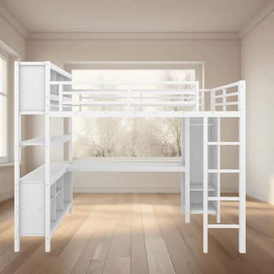 Full Size Metal Loft Platform Bed Frame with Built-in L-Shaped Desk, Wardrobe and Storage, for Teens Bedrooms and Dorms