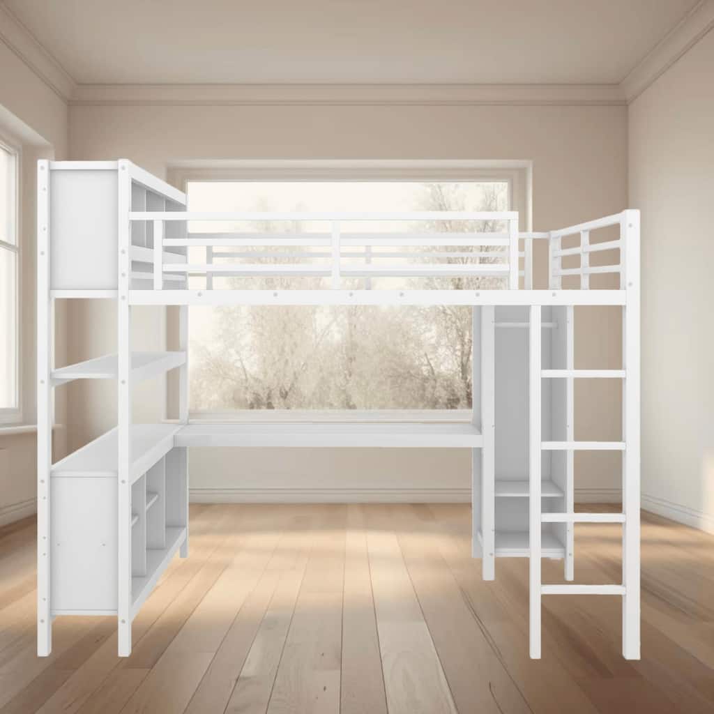Full Size Metal Loft Platform Bed Frame with Built-in L-Shaped Desk, Wardrobe and Storage, for Teens Bedrooms and Dorms