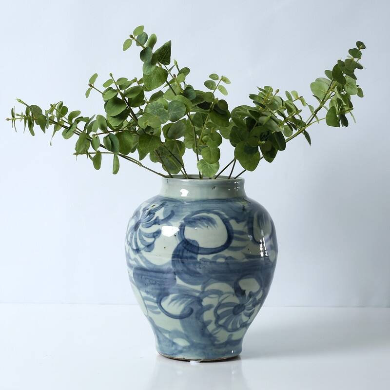 Approx. 10" High Blue and White Jar with Flower Motif