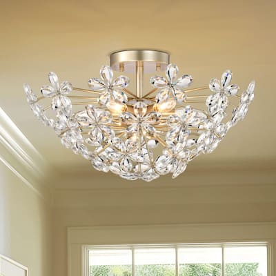 Rosa 6-Light Daisy Flower Crystal Large Size Flush Mount - Brushed Silver-ish Champagne