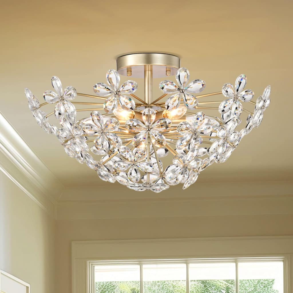 Rosa 6-Light Daisy Flower Crystal Large Size Flush Mount - Brushed Silver-ish Champagne