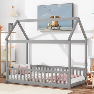 Twin House Bed with Fence, Wooden Montessori Floor Bed Frame for Kids