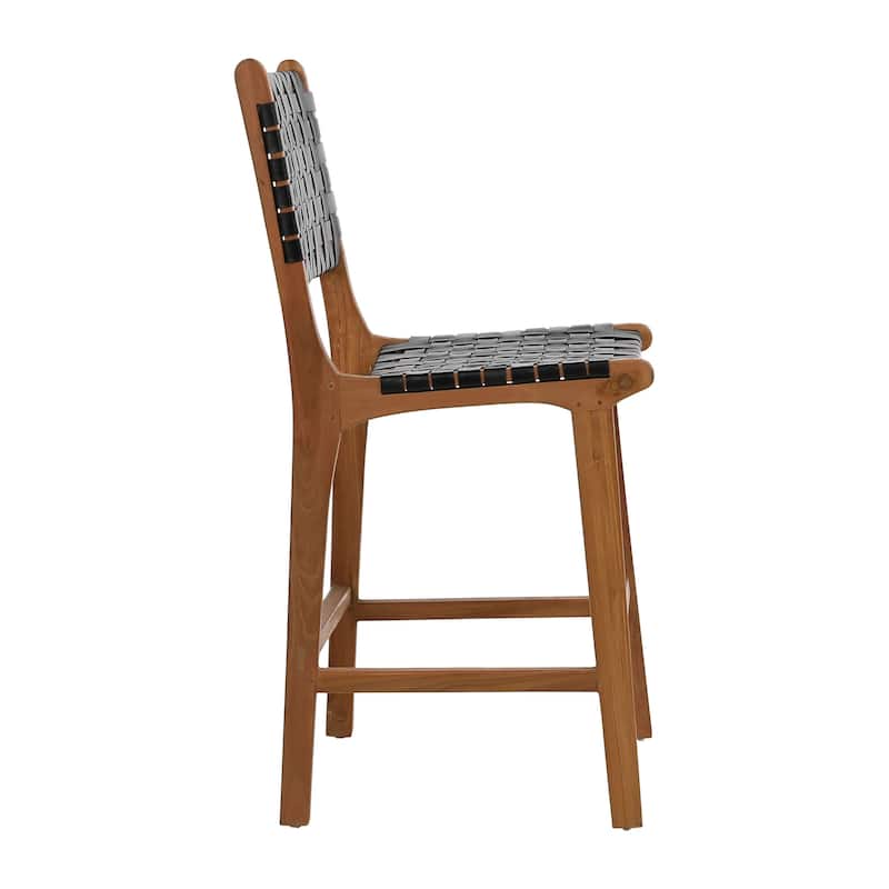 Maverick Top Grain Woven Black Leather with Natural Teak Frame Dining Counter Stool - N/A