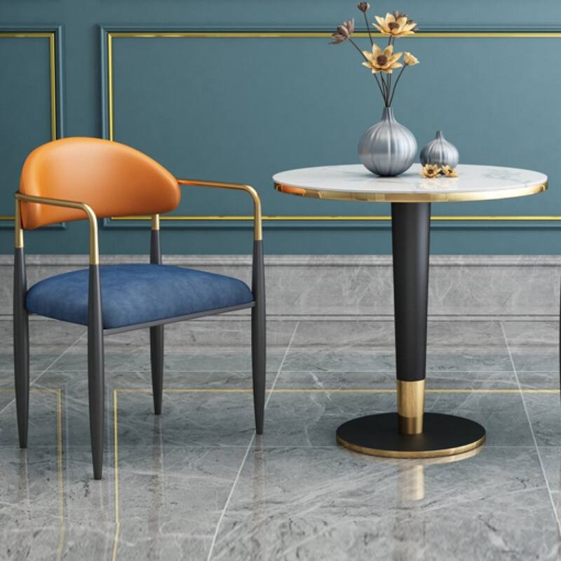 Modern Dining Chairs with Velvet Accent, Arm Chairs with PU Leather Back Pull and Metal Leg