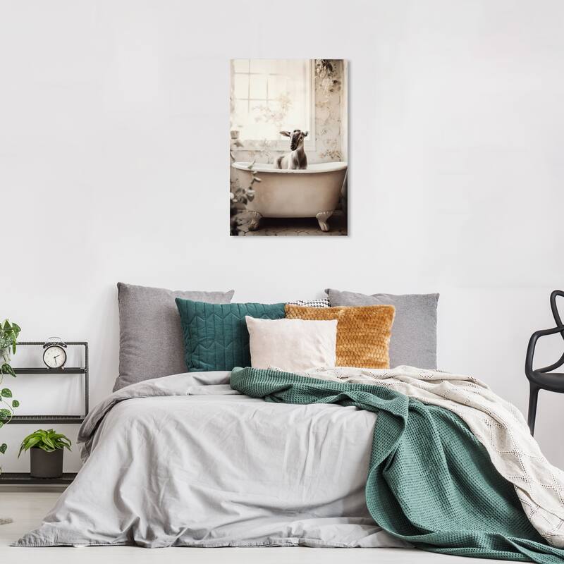 Wynwood Studio Canvas Animals Goat in a Bath White and Tan Traditional Wall Art Canvas Print - White, Brown - 24 x 16