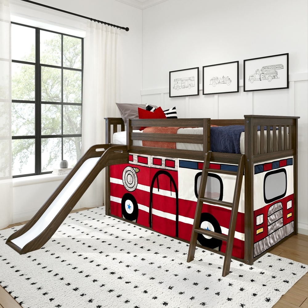 Max and Lily Classic Twin over Twin Low Bunk with Easy Slide and Curtain