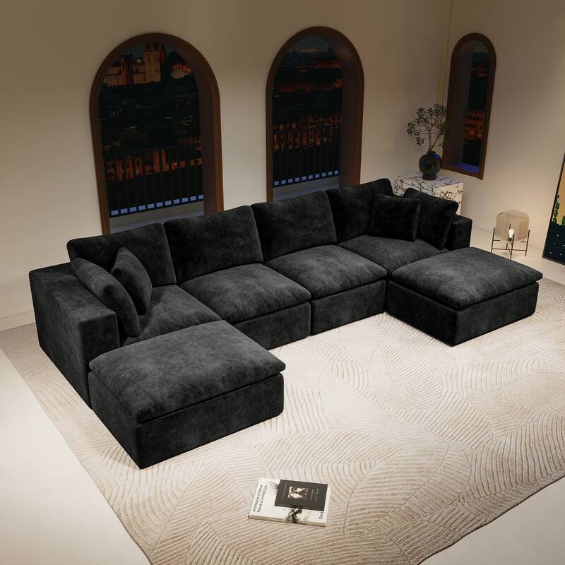 U-Shaped Modular Sectional Sofa, Plush Corduroy Upholstered Cloud Couch, Compressed Sofa with Reversible Chaise Lounge