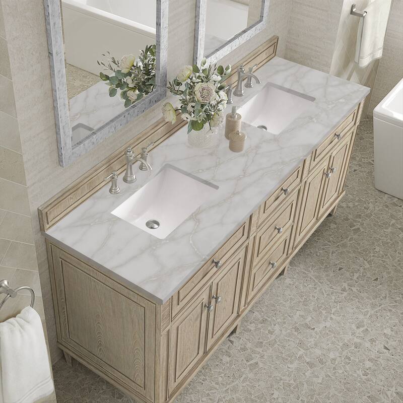 James Martin Vanities Lorelai 72" Double Vanity, Whitewashed Oak - Victorian Silver