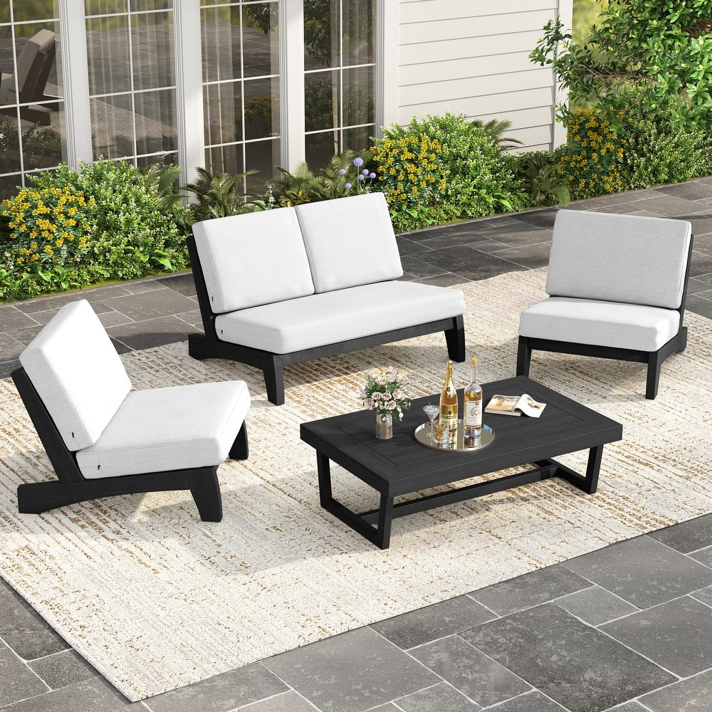4Piece Wood Outdoor Loveseat Chair Conversation Set with Table Cushion