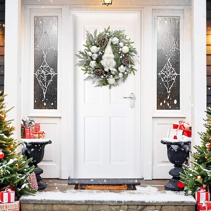 22" Pre-Lit Silver White Christmas Wreath for Front Door - N/A